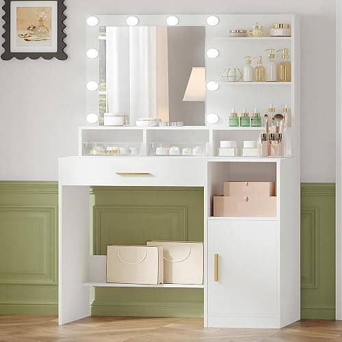 Hzuaneri Vanity Desk with Mirror and 10 LED Lights, Makeup Vanity with 3 Shelves & 4 Open Compartments, Dressing Table with Large Drawer & Cabinet, 3 Adjustable Lighting Brightness, White VT08103XCA - Image 1