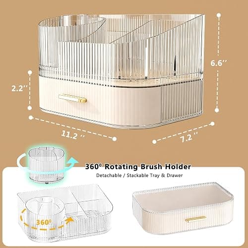 ShinyDew Makeup Organizer Countertop with 360 Rotating Brush Holder, Make Up Organizers For Vanity With Drawer, Bathroom Countertop Skincare Organizer And Storage thumbnail 3