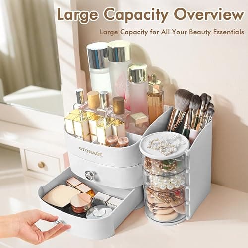 XIAPIA Makeup Organizer Countertop, Make Up Organizer for Vanity, Skincare & Cosmetic Organizers with Drawers, Bathroom Organizers Storage for Brush Holder|Lipstick|Jewelry, Ideal Gift for Women WHITE thumbnail 3