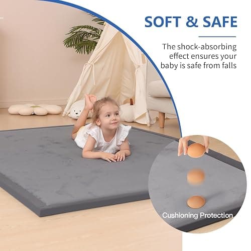 Huloo Sleep Ultra Soft Baby Play Mat for Floor,1.3" Thick Elasti-Foam 50x50 Playpen Mat for Toddlers Infant kids,Water-Repellent Coral Velvet for Tummy Time,Non-Slip Backing Safe for Crawling,Tatami Style (Dark Grey) thumbnail 3
