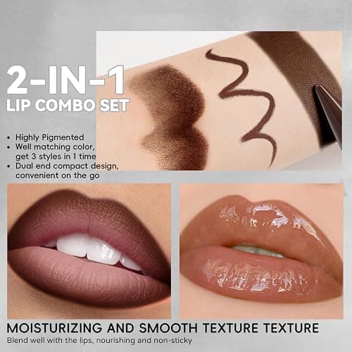 HOSAILY 2 in 1 Lip Combo Sets, Dark Brown Natural Lips Liner and Liquid Lipstick Combo Moisturizing Nude Glossy Gloss Lip Kit, Plumping Lightweight Lips Pencil with High Shine Tinted Gloss Set01 thumbnail 4