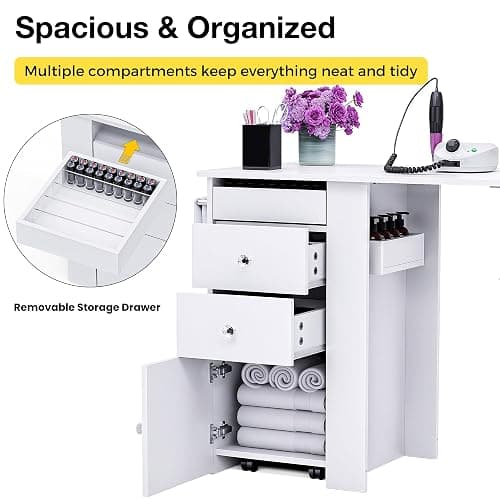 Foldable Nail Table with Dust Collector, Manicure Desk for Nail Tech, with LED Lamp, Wrist Rest, Rolling Nail Table for Salon, Home Beauty Workstation, Compact Nail Station with Storage (White) thumbnail 6