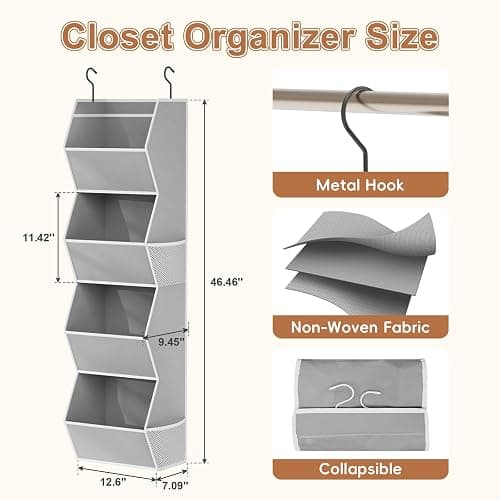 Hanging Closet Organizer 4 Shelf Collapsible Bedroom Closet Organizers and Storage Hanging with Mesh Pockets for Clothes, Fabric Hanging Storage Bins for Wardrobe Closet Organization and Storage, Grey thumbnail 3