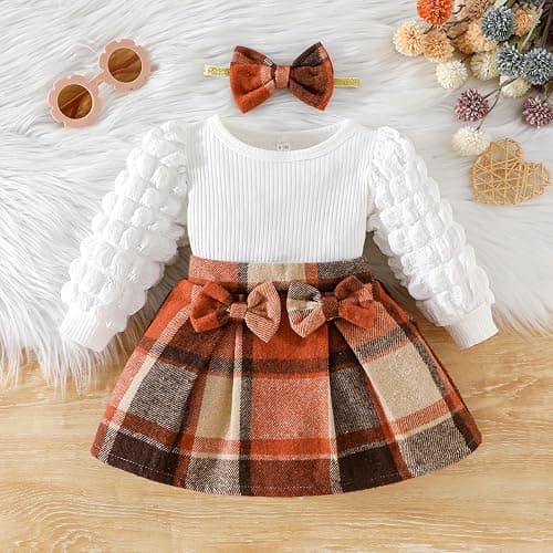 Toddler Baby Girl Plaid Dress Puff Sleeve Bow Patchwork Ribbed Shirts Dress Plaid Fall Winter Outfits with Headband thumbnail 4