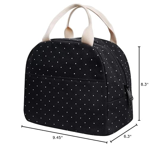 EurCross Upgraded Compact Black Lunch Bag for Girls Women,Canvas Reusable Insulated Polka Dot Lunch Tote Box Bag for Work School thumbnail 3
