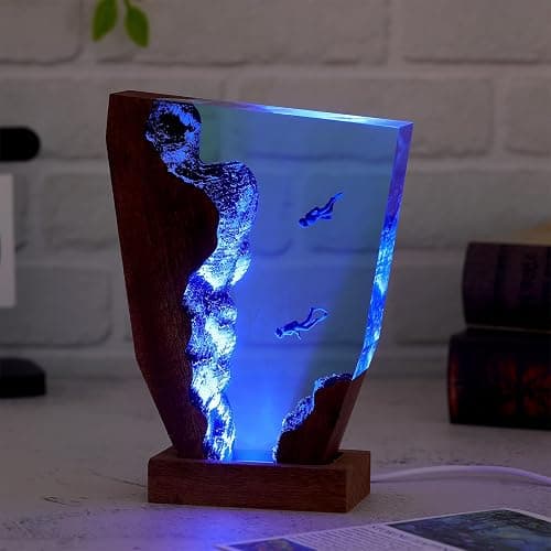 Drawelry Ocean Creative Epoxy Resin Wood Light Lamp, Handmade Multi Color Aquatic Ocean Lamp Deep Sea Diver Cave Diving Enthusiasts Led Night Light Desktop Decor Christmas Birthday Gift (Diving, S) thumbnail 4