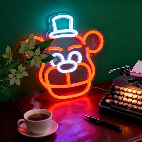 Cute Five Nights Bear Neon Sign, Anime Neon Light for Wall Decor Bedroom, Children's Room, Birthday, Festival Decorations, USB Powered Orange Color White, 11.8inch x 11.8 inch thumbnail 5