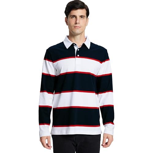 Men's Polo Shirts Long Sleeve Striped Dry Fit Casual Collared Pique Golf Polo Shirts for Mens thumbnail 2