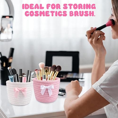 Hkojewp 2 Pack Bow Makeup Brush Holder- Mini Woven Cotton Rope Small Oval Basket with Bow Decor, Comb Brushes Storage Decorative Basket for Pencil Cosmetics Organizer Gift for Women,4 x 4 IN thumbnail 6