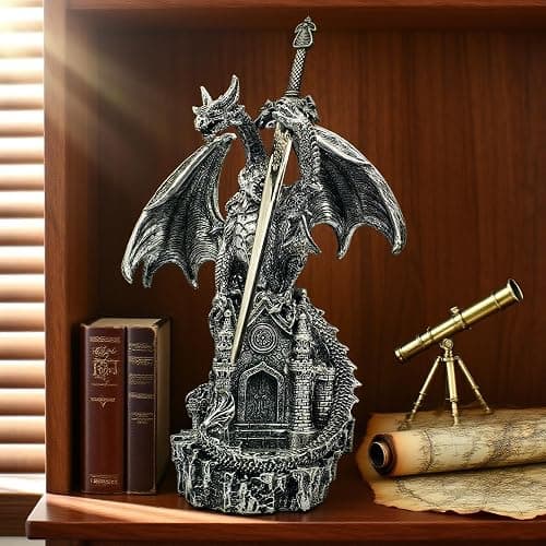 Hmusnwol Dragon Statue with Medieval Sword-Collection Figurine Fantasy Decor - Silvery Dragon Standing Gothic Castle for Tabletop Bookshelf Housewarming Gifts thumbnail 6