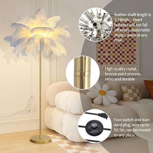 rzoizwko Feather Floor Lamp for Living Room,Standing Lamps Ostrich Feather for Bedroom,White Modern Office Lamps with LED Bulb 3 Color,160cm Tall Floor Light Dimmable with Foot Switch (White) thumbnail 4