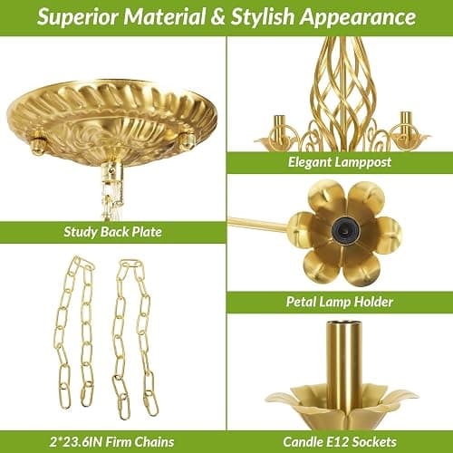 VerRon 6-Light Farmhouse Candle Chandelier for Dining Room, Luxury Gold | Vintage Ceiling Hanging Lamp, Rustic Industrial Pendant Ceiling Light Fixture for Living Room Bedroom Kitchen, E12 Socket thumbnail 3