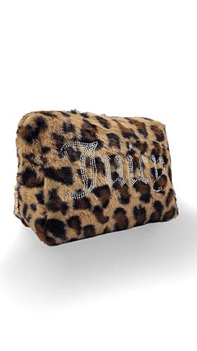 Juicy Couture Brown Makeup Bag Cosmetics Organizer Travel Essentials Zip Top Wedge Leopard Print Faux Fur Rhinestone thumbnail 3