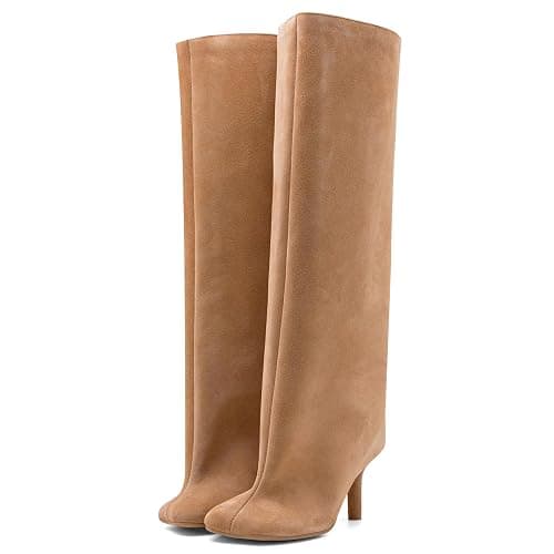 VOZTOLLS Women's Knee High Suede Boots for Women Wide Calf Square Toe Stiletto Heels Tall Boots Pull On High Heel Long Booties - Image 1