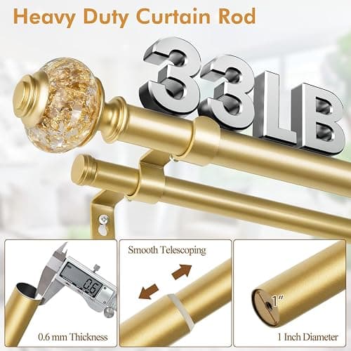 1 Inch Gold Double Curtain Rods 36 to 72 Inches (3 to 6 ft), USFOOK Drapery Rods for Windows, Telescoping Dual Curtain Rod with Luxury Translucent Finials thumbnail 3