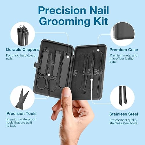 OFIDUS Precision 8 Pieces Men’s Nail Grooming Travel Kit, Stainless Steel Manicure Set with Fingernail & Toenail Clippers, Nail File, Slant Tip Tweezers, Cuticle Scissors, Cuticle Pusher, Travel Case thumbnail 2