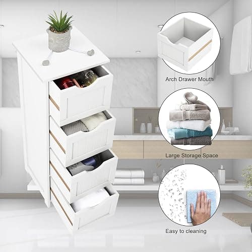 Bonnlo Bathroom Storage Cabinet Skinny Wooden Side Bathroom with 4 Drawers Small Free Standing Floor Cabinet White Slim 12 Inch Wide Organizer for Bedroom Living Room, 12 Inch Deep Narrow Organizer thumbnail 8
