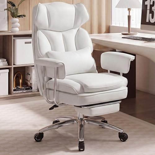 OLIXIS Home Office Desk Chair Comfy with Foot Rest, PU Leather Ergonomic Big and Tall High Back Support, 360° Swivel Wheels, Armrests and Detachable Pillow, Height Adjustable, White - Image 1