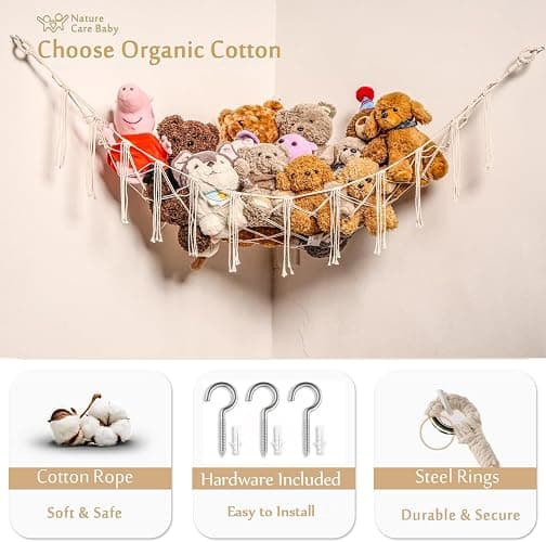 YKBU Stuffed Animals Hammock Corner Hanging Net Macrame Stuffed Animal Storage Plush Toy Holder Toy Organizer for Boho Nursery Playroom Bedroom Kids Room (cream, Large) thumbnail 3