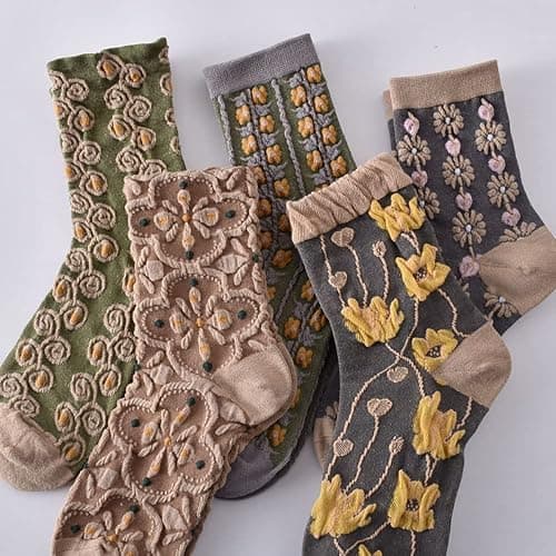 BOFAYS 5 Pairs Womens Floral Cute Socks Vintage Embroidered Plant Socks for Women Teens Cotton Cozy Ankle Sock thumbnail 2