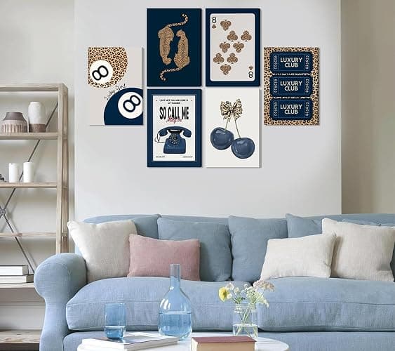 6Pcs Navy Blue Trendy Leopard Canvas Wall Art Fashion Lucky 8 Ball Painting pictures Preppy Y2K Aesthetics Wall Decor Trend Cheetah Prints Artwork for College Dorm Home Decoration 8x10in Framed thumbnail 8