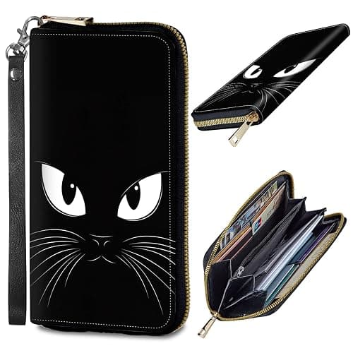 DHYYDSQZ Womens Wallet, PU Leather RFID Cute Wristlet Wallets for Girls Women Ladies Purse Large Credit Card Clutch Purse Card Holder Coin Pocket Travel Wallets with Zipper, A Black Cat - Image 1