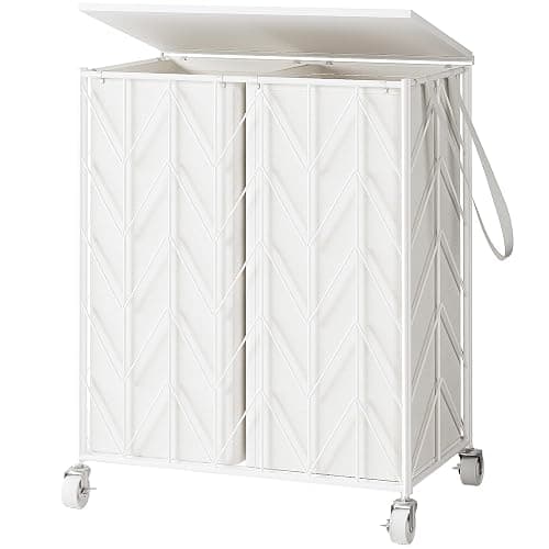 WOWLIVE Laundry Basket with Wheels, Heavy Duty Laundry Hamper with Wood Lid, Clothes Hamper with Divided Removable Liner Bag, Large Capacity Iron-Made Laundry Sorter Laundry Room Organization (White) - Image 1