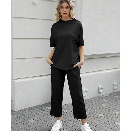 SeeLuNa Women's Two Piece Outfits 3/4 Batwing Sleeve Capelet Crew Neck Pullover Top Wide Leg Pants Lounge Set thumbnail 6