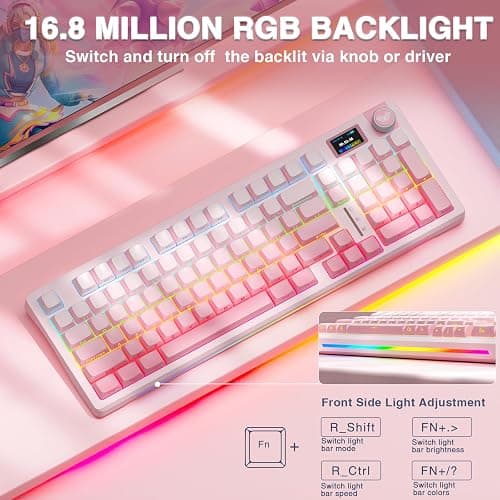 AULA S98 Pro Wireless Mechanical Keyboard with Screen & Knob,2.4GHz/USB-C/BT5.0 Hot Swappable Pink Creamy Keyboard,Pre-lubed Linear Switches,Side Printed PBT Keycaps,RGB Backlit Gaming Keyboards thumbnail 6