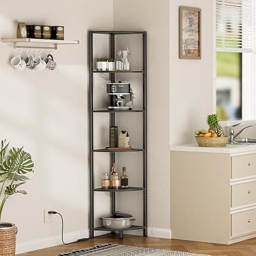 Furnulem 6 Tier Corner Shelf with LED Light, 67.5” Tall Standing Shelf Organizer, Black Narrow Bookshelf with Storage Rack for Wall Corner, Living Room, Bedroom, Metal Frame, Wood Display Shelf thumbnail 9