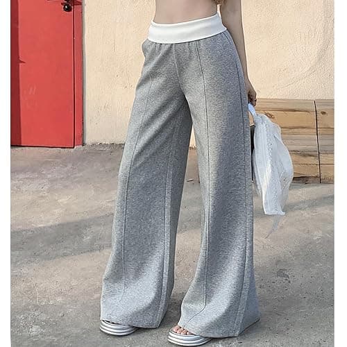 Fold Over Pants Women Flare Y2K Wide Leg Color Block Lace Foldover Sweatpants Casual Bottoms Baggy Streetwear Sweat Pants thumbnail 4