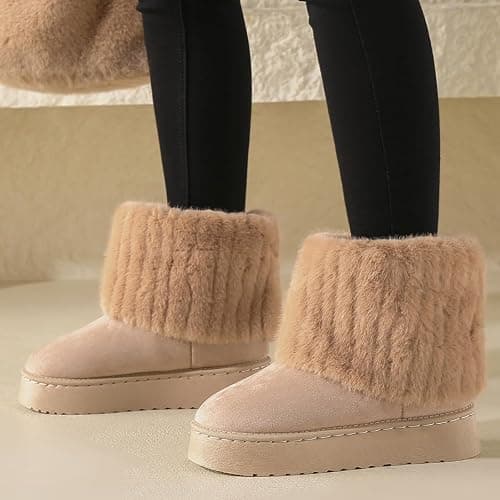 Gezolligheid Women's Faux Fur Mid Calf Snow Boots - Round Toe Suede Warm Fur Lined Platform Flat Comfort Outdoor Winter Fashion Boots thumbnail 3