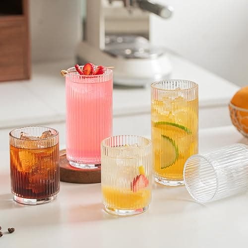 INSETLAN Ribbed Drinking Glasses Set of 12 – 6 Highball Glasses 12oz, 6 Rocks Cocktail Glasses 8oz – Everyday Glassware, Glass Cups for Iced Coffee, Cocktails, Whiskey, Water & Beer, Stackable thumbnail 7