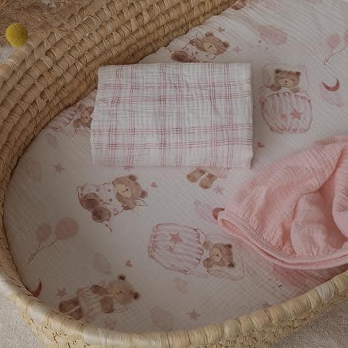 Gllquen Baby Muslin Bassinet Sheets 3 Pack, Breathable Elastic Cozy Fitted Cotton Bassinet Mattress Sheet for Baby Boy Girls, Fit for Hourglass Oval Rectangular Cradle Pad Sheets 33"x17" (Bear Dream) thumbnail 2