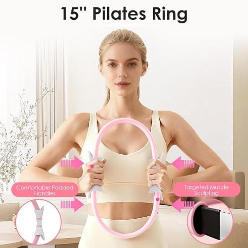 16 PCS Pink Pilates Ring and Ball Set for Women with 15" Magic Circle, Home Pilates Equipment Kit with Adjustable 1LB Ankle Wrist Weight, Resistance Band, Gliding Discs, Pilates Essentials Accessories thumbnail 2