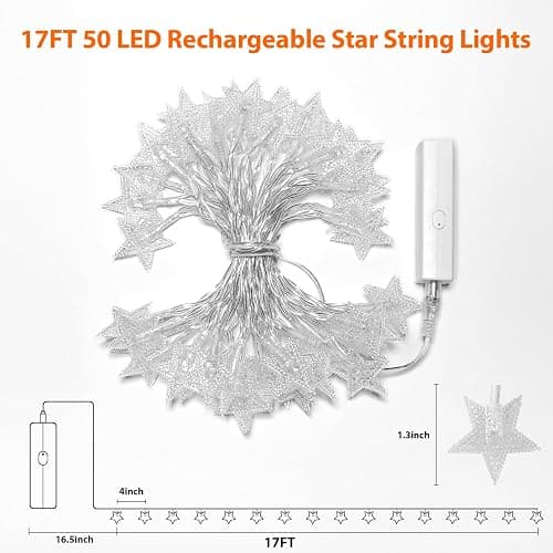 Rechargeable Star Fairy Lights Battery Operated with 8 Modes, 17FT 50LED String Lights Indoor with Timer, Twinkle Lights for Bedroom Dorm Tent Wedding Party Christmas Decorations, Warm White thumbnail 6