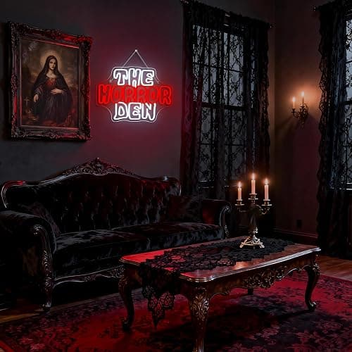 Horror Den Neon Sign Retro Scary Neon Light for Wall Decor Gothic Theme LED Light up Spooky Sign Dimmable Horror LED Signs Indoor Gothic Decor in Game Room Ideal Gifts for Scary Movie Fans thumbnail 3
