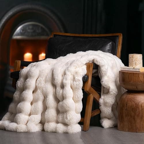 EverGrace Ultra Soft Luxury Fluffy Faux Rabbit Fur Throw Blanket, Thick Warm Bubble Throw for Bed, Cozy Plush Reversible Blankets for Couch, Chair, Sofa, Ivory White, 60x80 Inches - Image 1