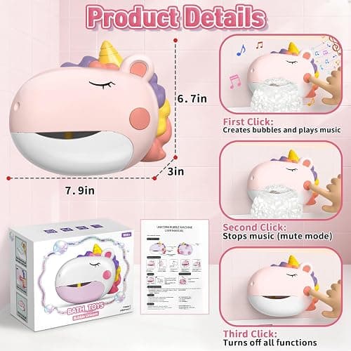 Infowush Baby Bath Toys, Unicorn Bath Bubble Machine Toddler Bath Toys for Kids Ages 1-3 4-8, Interactive Bathtub Shower Water Toys Bubble Maker with Music Christmas Birthday Gifts for Boys Girls thumbnail 2