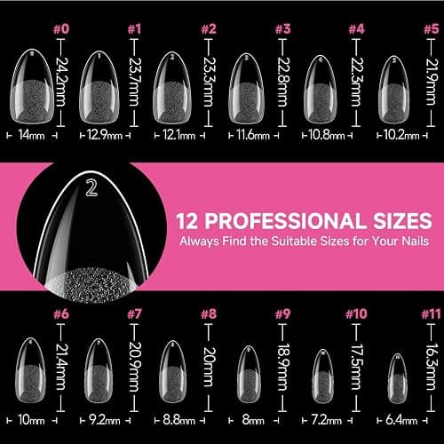 UNA GELLA 504Pcs Medium Pointed Almond Nail Tips, Pre-shape Almond Gel Nail Tips Half Matte Full Cover Acrylic Clear Press on Fake Nails Tips for Nail Extension Nail Art DIY Salon 12 Sizes thumbnail 7