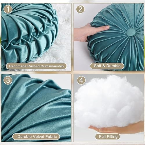 HIG Set of 2 Teal Ruched Velvet Round Throw Pillows – 14.5’’ Decorative Pillows with Soft Polyester Filling for Couch, Bed, Living Room, Bedroom, or Dorm – Handmade, Stress Relieving, All-Season thumbnail 4