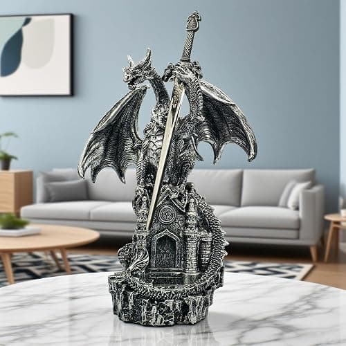 Hmusnwol Dragon Statue with Medieval Sword-Collection Figurine Fantasy Decor - Silvery Dragon Standing Gothic Castle for Tabletop Bookshelf Housewarming Gifts thumbnail 8