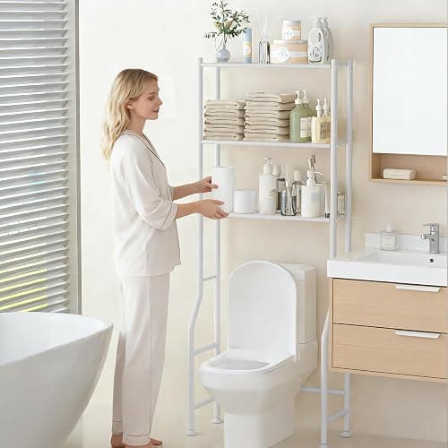 GloTika 3-Tier Over Toilet Storage Rack, Metal Over Toilet Bathroom Organizer Shelf, Freestanding Space Saver Storage Shelves for Bathroom/Laundry/Living Room (White) thumbnail 3