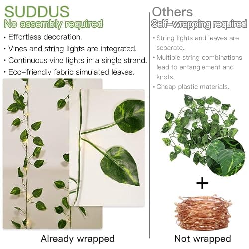 suddus Vine with Fairy Lights Battery Operated, 33ft100 LED Pothos String Lights with Remote, Leaf Lights for Bedroom, Room, Wall, Garden, Party, Wedding Decor(Warm White) thumbnail 4