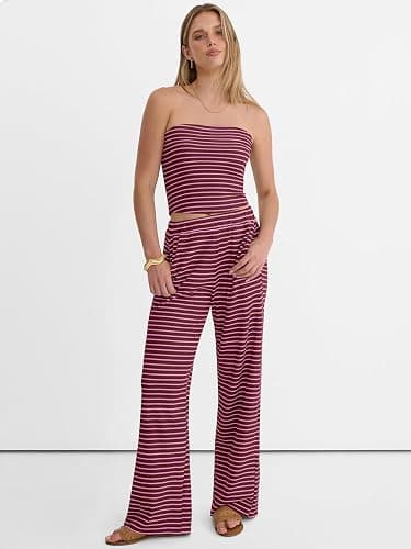 ANRABESS Women 2 Piece Sets Summer Striped Outfits Matching Tube Top Wide Leg Lounge Pants 2026 Travel Beach Vacation Clothes thumbnail 6