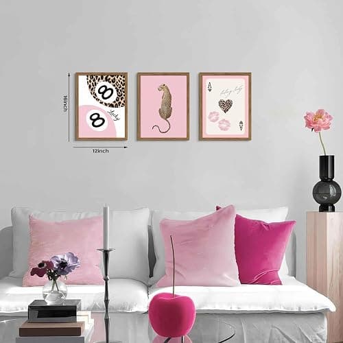 Framed Pink Trendy Wall Art Set of 3, Cheetah Print and Lucky 8 Ball Pictures Wall Decor, Vintage Preppy Paintings Canvas Prints Y2K Aesthetic Room Decor for Teen Girls Room Bedroom Bathroom 12x16 Inch Ready to Hang thumbnail 5