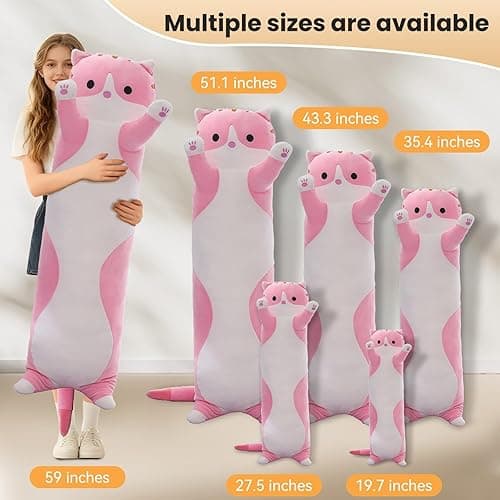 SHINUOER Cute Cat Plush Long Body Pillow – Soft Cartoon Stuffed Animal Doll, Kawaii Cat Plushie Cuddle Toy Gift for Kids, Girls & Girlfriend (Pink, 19.7 Inch) thumbnail 5