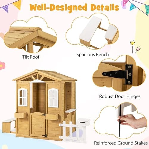 Costzon Outdoor Playhouse, Fir Wood Patio Pretend Play Center w/Bench, Mailbox, Fence, Serving Stations, Flowerpot Holders, Windows & Door, Children Play House for 2+ Years Old Kids thumbnail 6