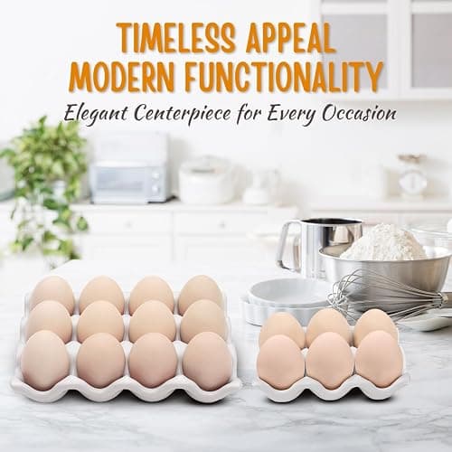 Flexzion 12 + 6 Cups Ceramic Egg Holder for Fridge - 18 Porcelain Egg Tray Container Keeper Storage Organizer Decorative Serving Stand Serveware for Refrigerator Countertop Display Kitchen (White) thumbnail 6
