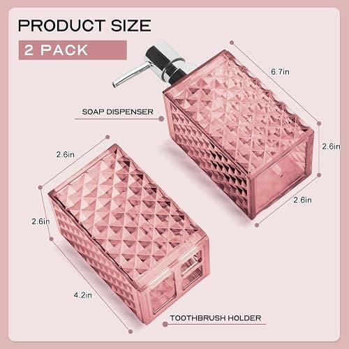 RRM Pink Bathroom Accessories Set, Soap Dispenser and Toothbrush Holder | Diamond Pattern Bathroom Set for Boho Bathroom Decor thumbnail 3